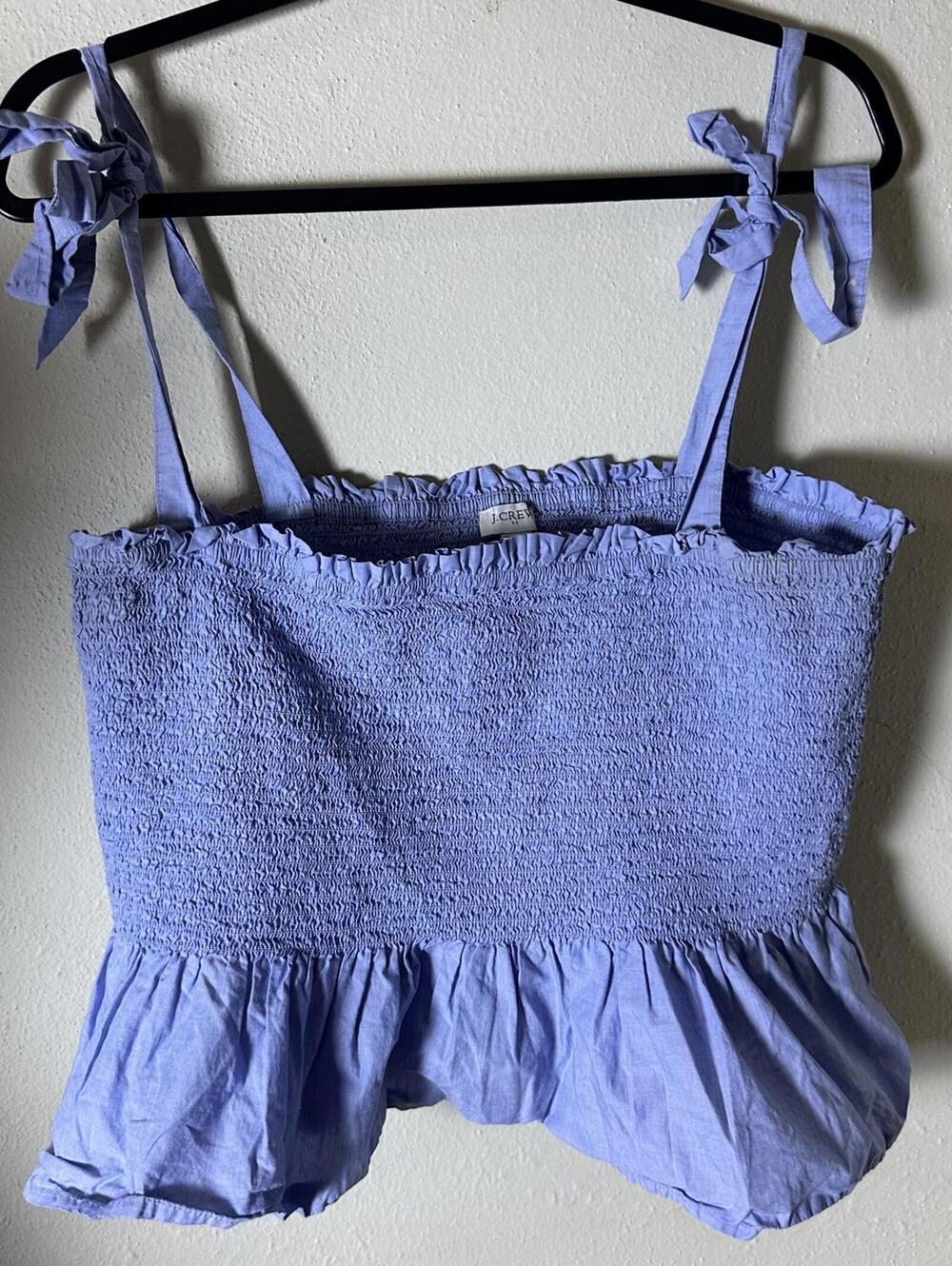 J. Crew smocked periwinkle blue milkmaid cottage peplum top shoulder ties sz xl